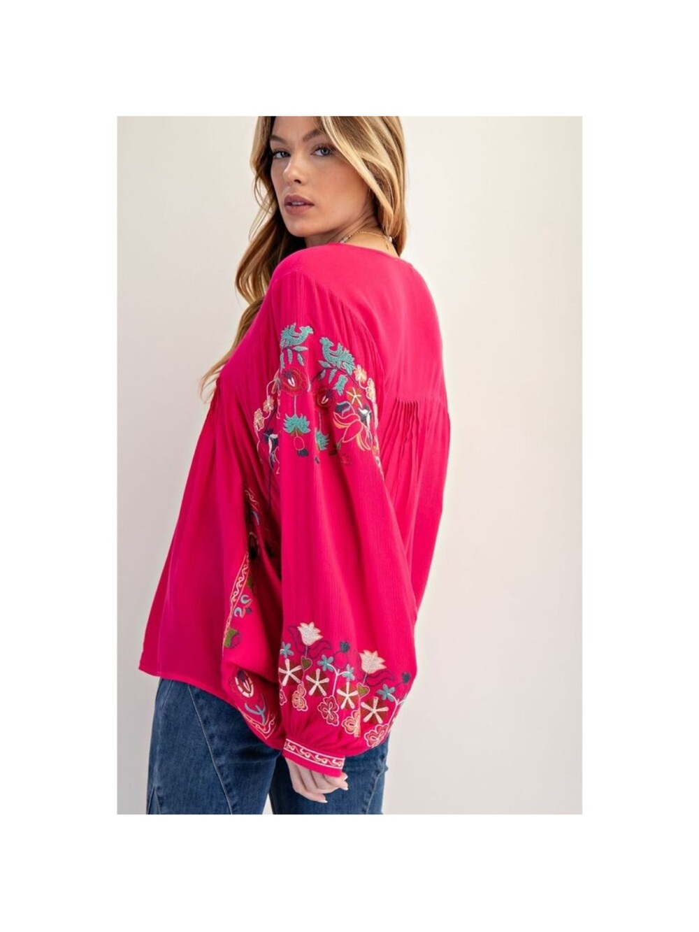 easel “Bianca” Pink Embroidered V-Neck Peasant Tunic NWT - Picture 5 of 11